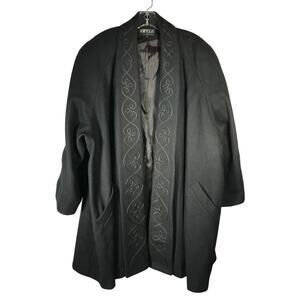 Vintage Jofeld Coat 2X Womens Wool Black Swing Twill Design Trim Collar Lapel